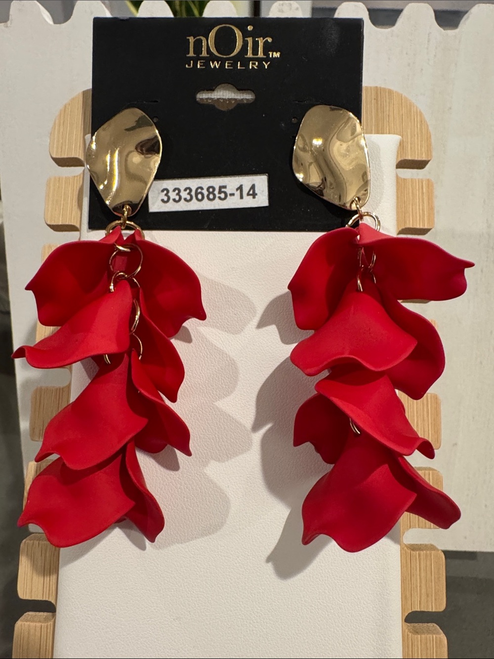 nOir Jewelry Red Layered Floral Drop Earrings with Gold Accents - Picture 2 of 4